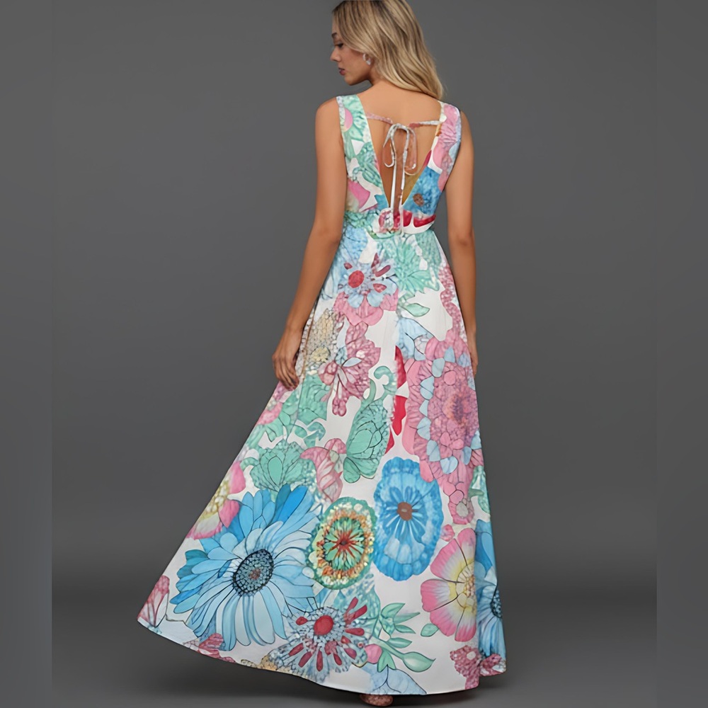 Boho V-Neck Long A-Line Floral Dress Multicolour - Picture 4 of 9